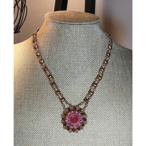Handmade Pink Beaded Statement Necklace Gold Toggle Boho Artisan Jewelry - Picture 3 of 5